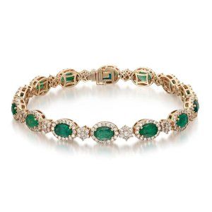 Oval Cut Emerald & Diamond Tennis Bracelet 14K Yellow Gold 7 Inches